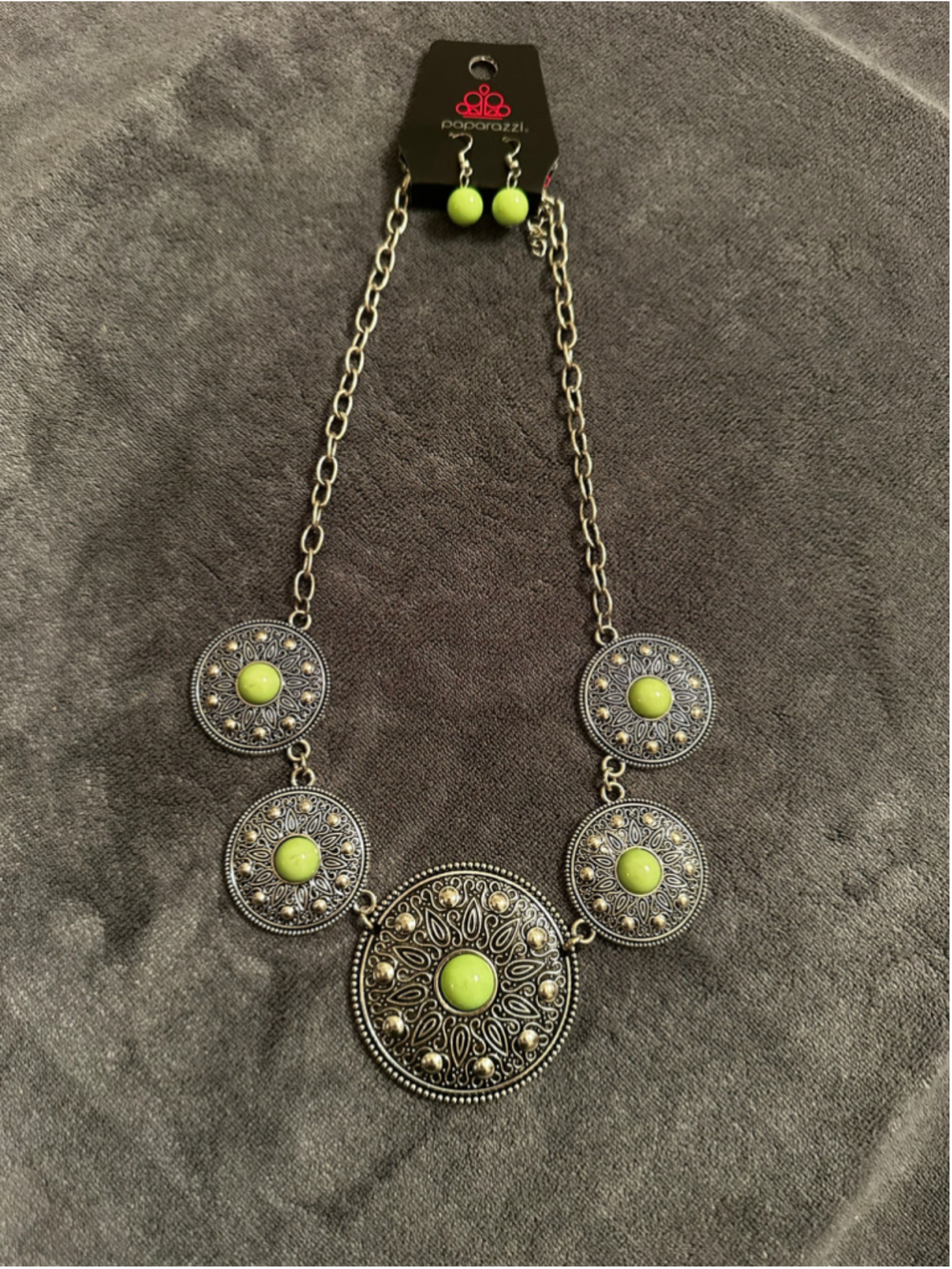 Paparazzi Green Silver Statement Necklace and Earrings Set